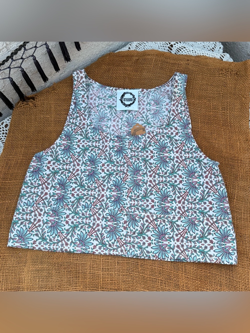 Handmade Floral Print Crop Tank Top - White with Teal & Pink purple